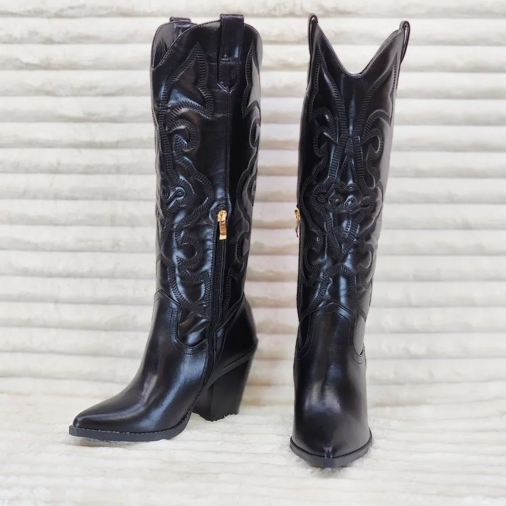 Electric Cowboy Jet Black Matte Western Knee High Cowgirl Boots Jet Black - Picture 11 of 15